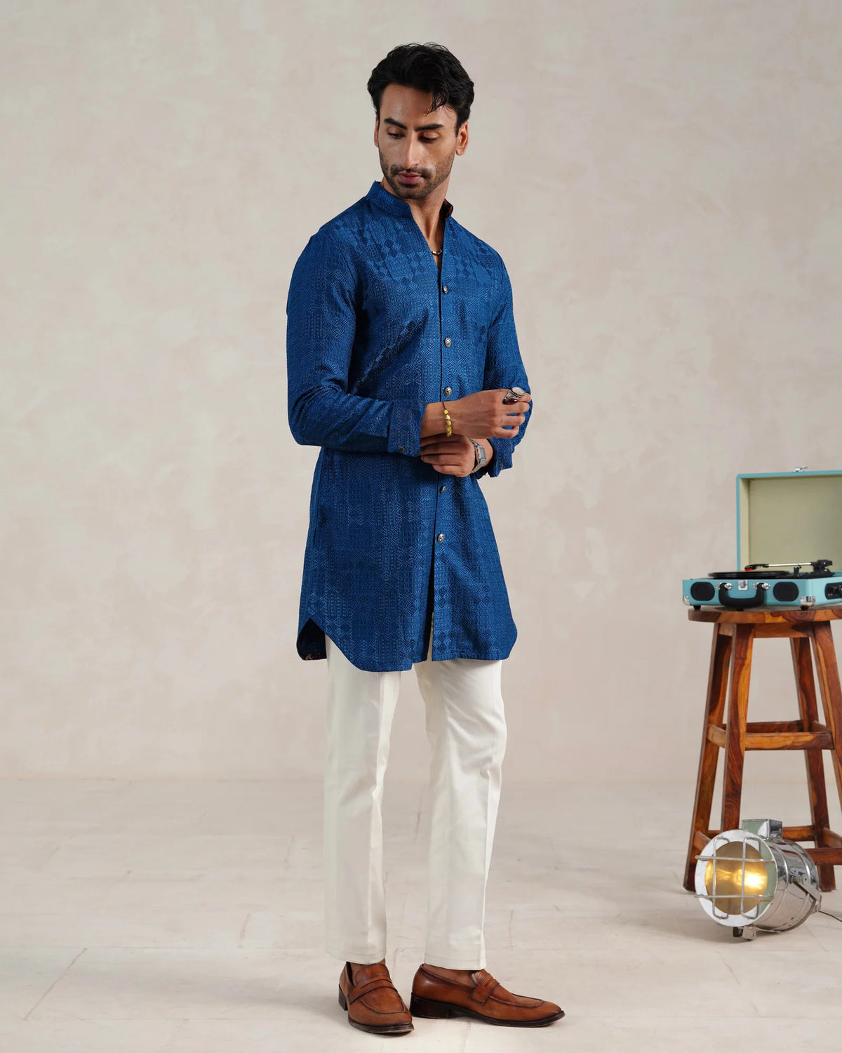 Kantha Silk Kurta in Teal Blue