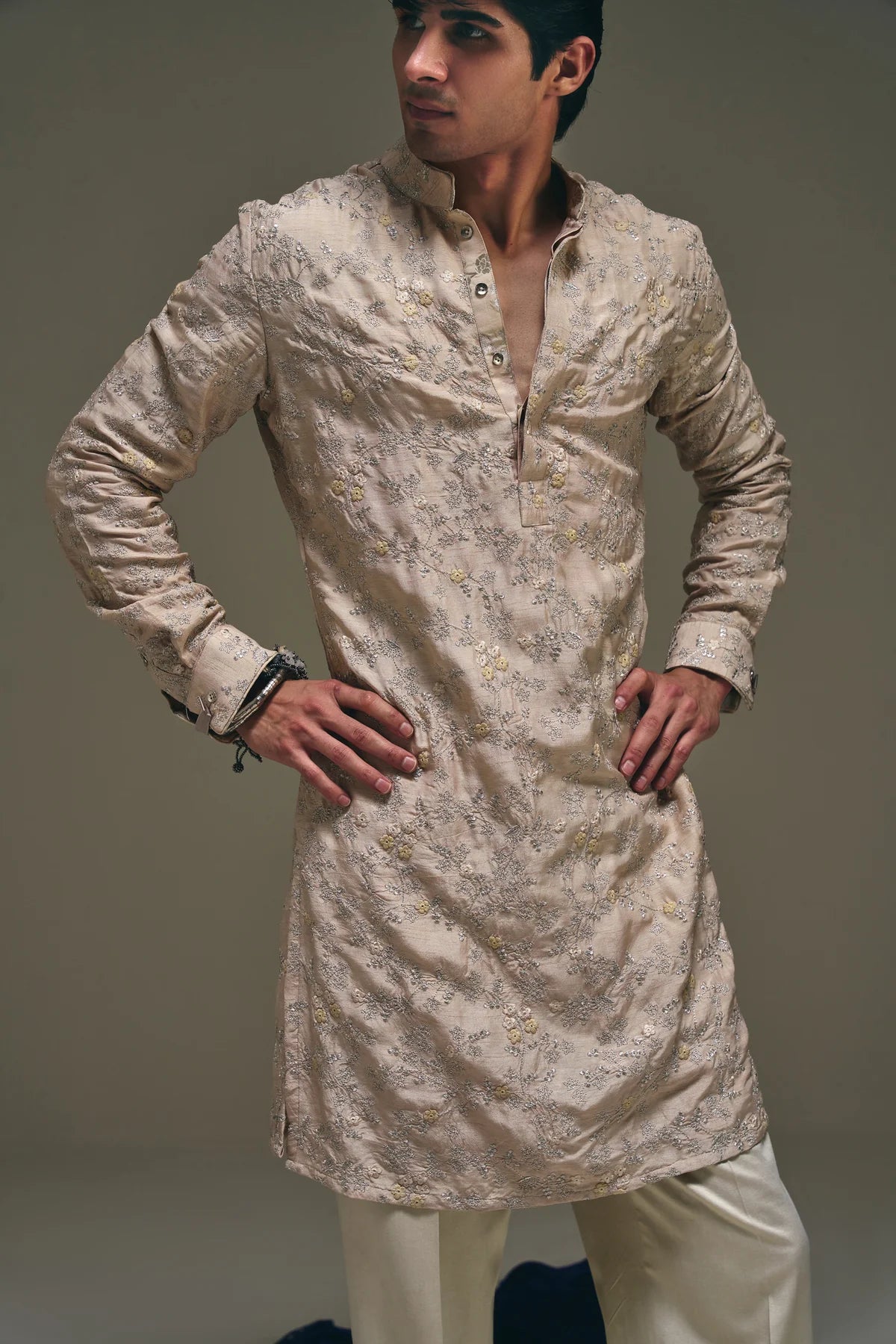Camellia Motif Kurta in Peach