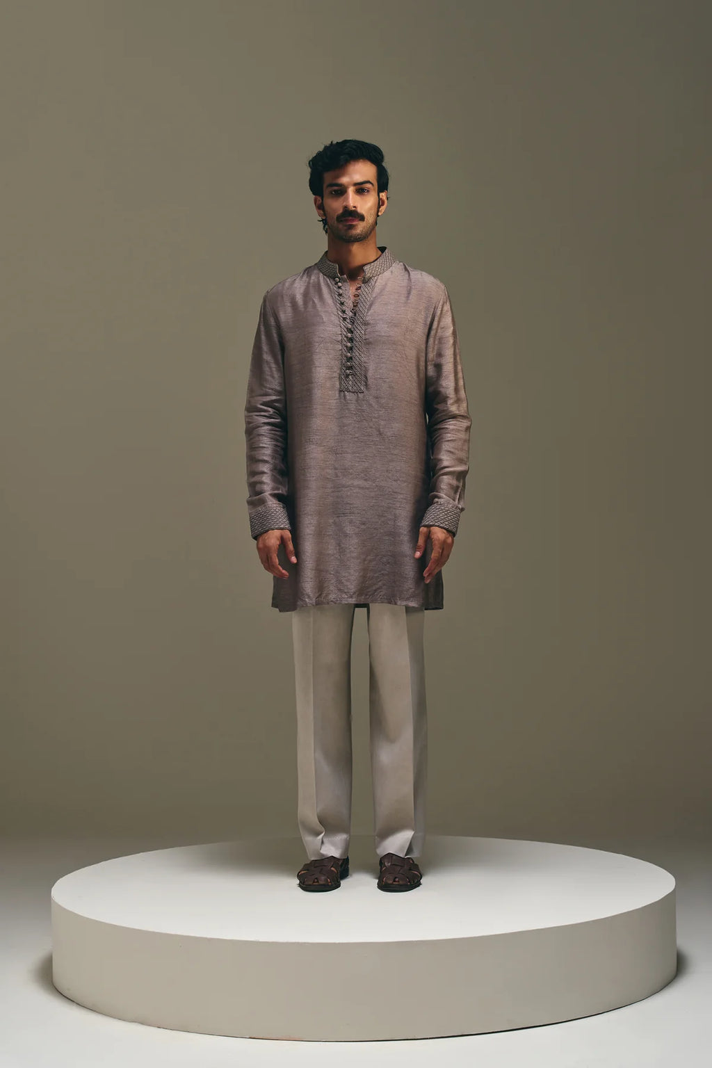 Diamond Pintuck Silk Kurta in Mud Brown