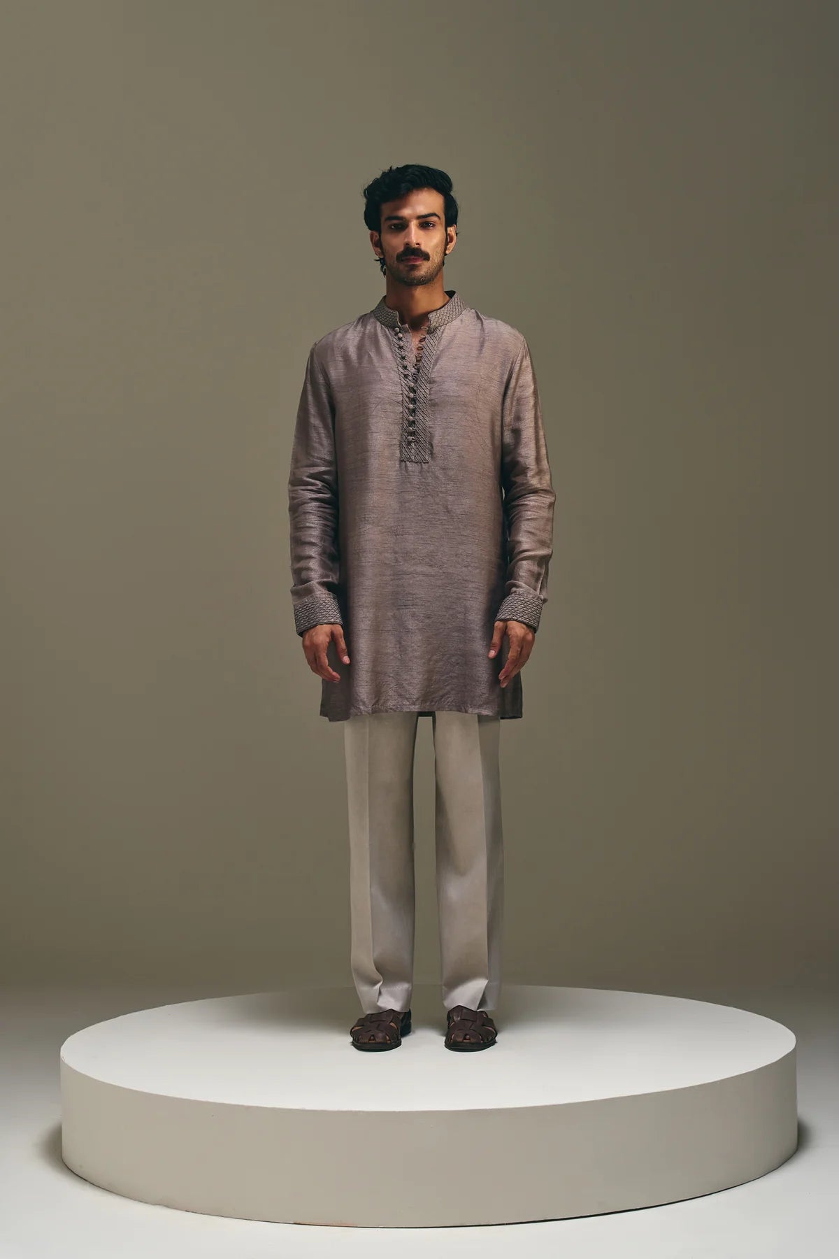 Diamond Pintuck Silk Kurta in Mud Brown