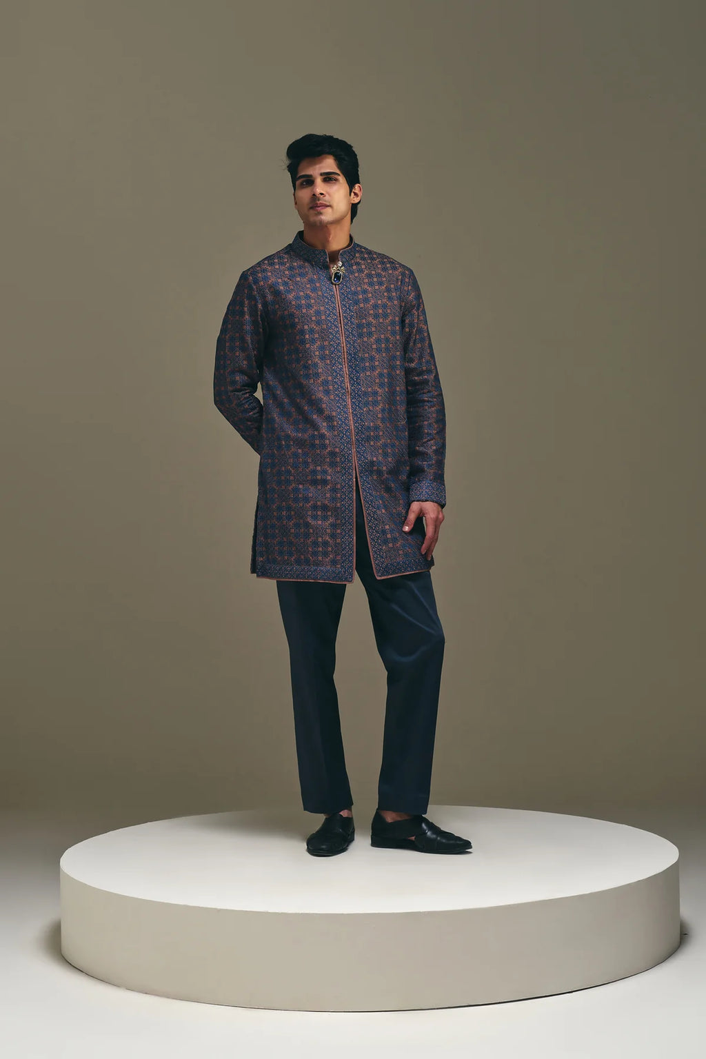 Mosaic Front Open Kurta in Mud Brown