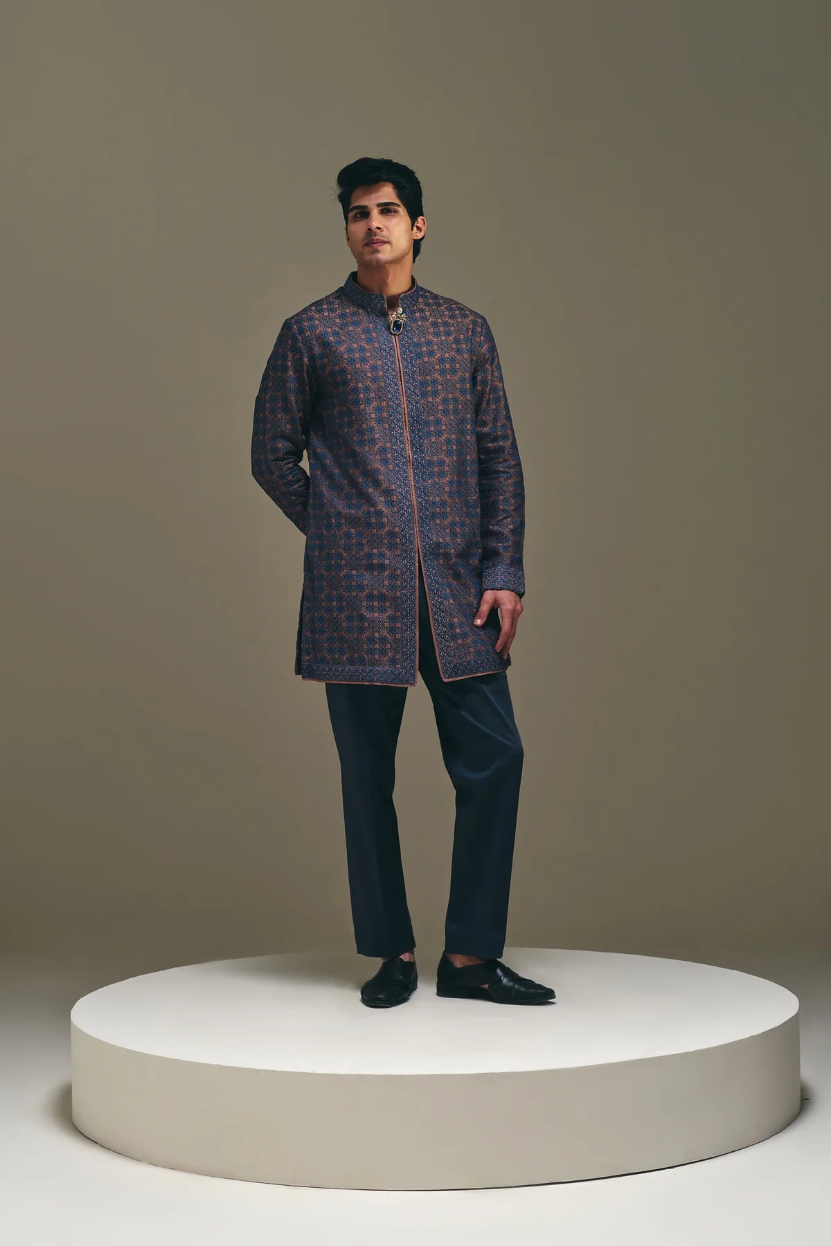 Mosaic Front Open Kurta in Mud Brown