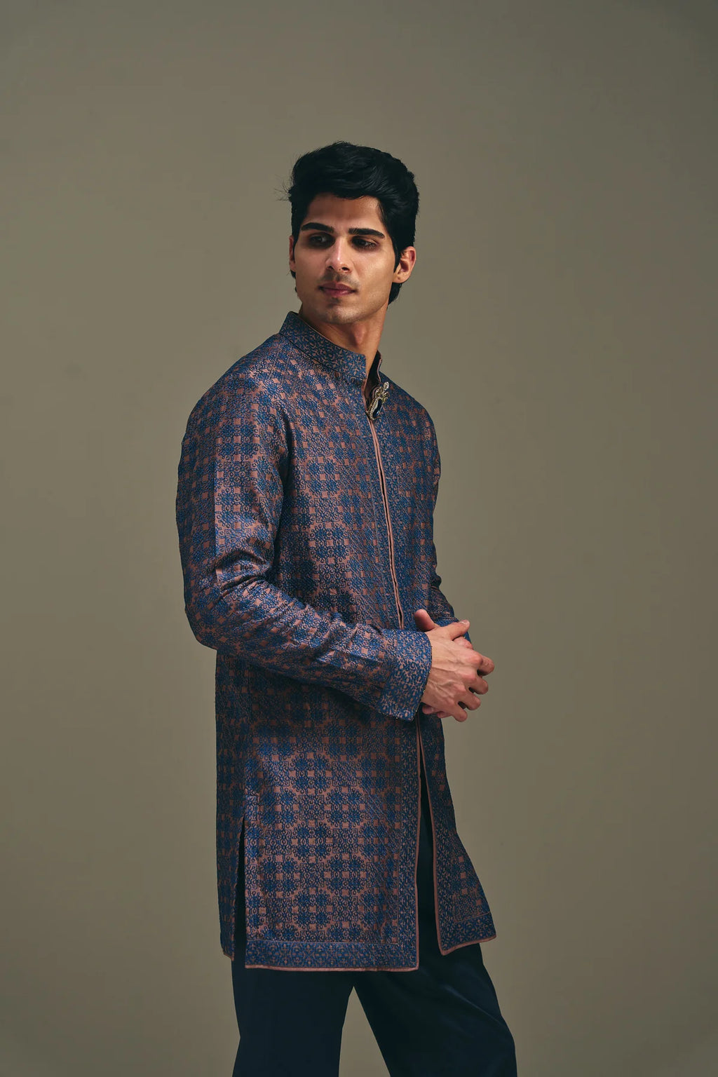 Mosaic Front Open Kurta in Mud Brown