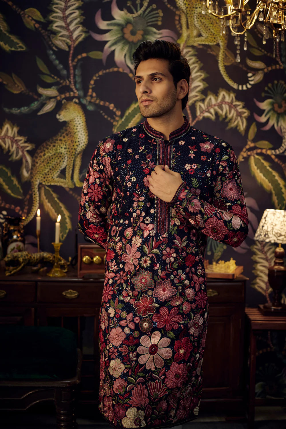 NAVY BLUE HEAVILY EMBROIDERED FLORAL KURTA