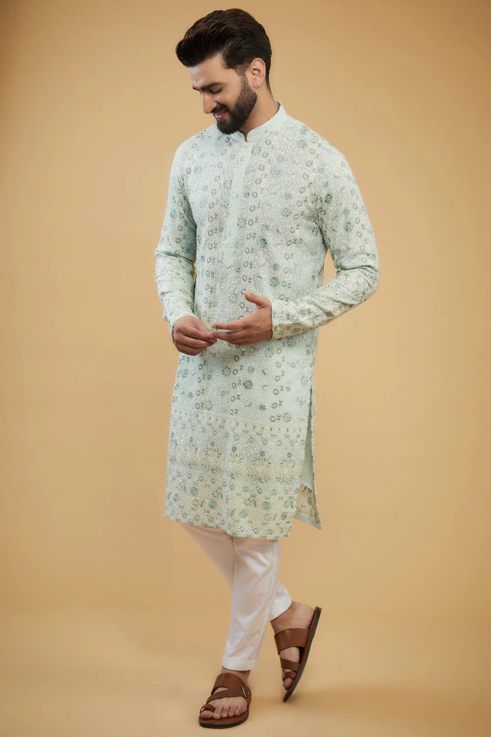 POWDER BLUE CHIKANKARI KURTA WITH INTRICATE FLORAL EMBROIDERY