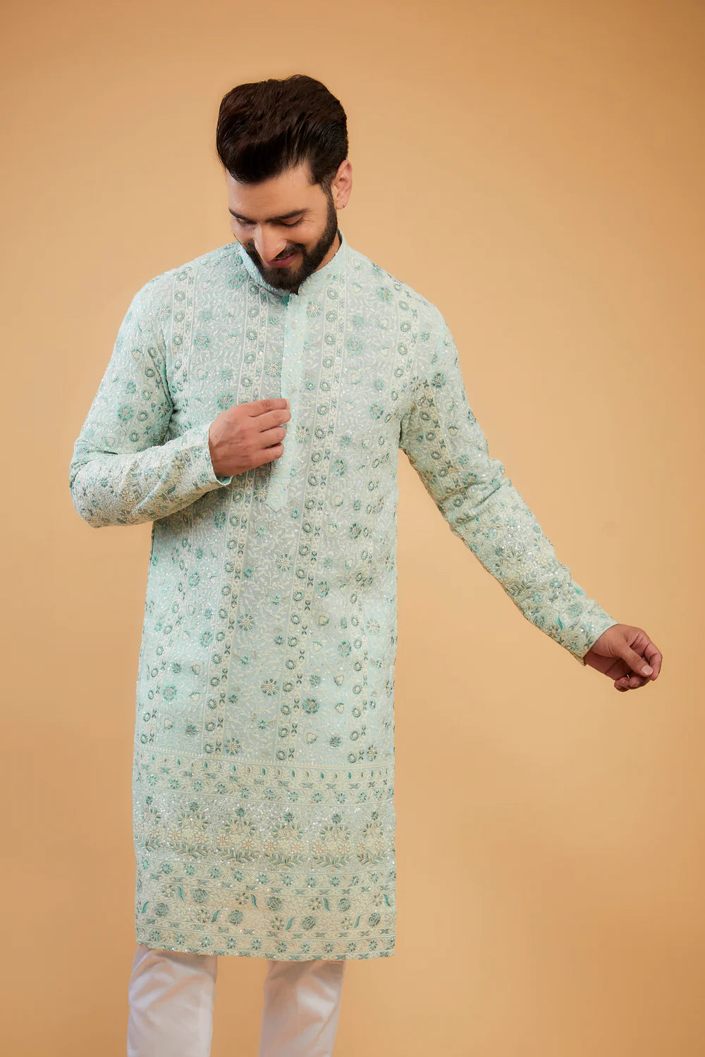 POWDER BLUE CHIKANKARI KURTA WITH INTRICATE FLORAL EMBROIDERY