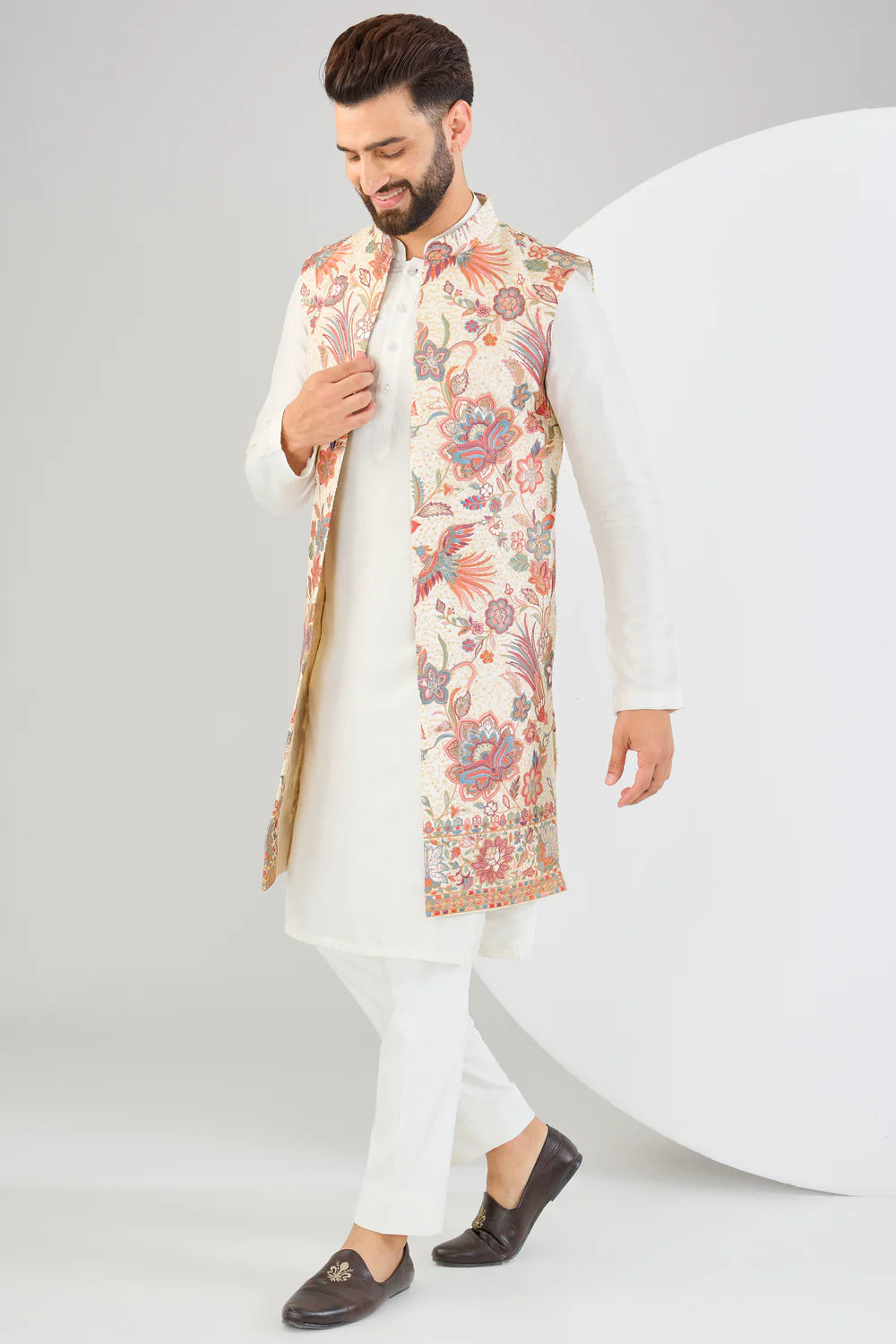 CREAM FLORA AND FAUNA LONG OPEN JACKET