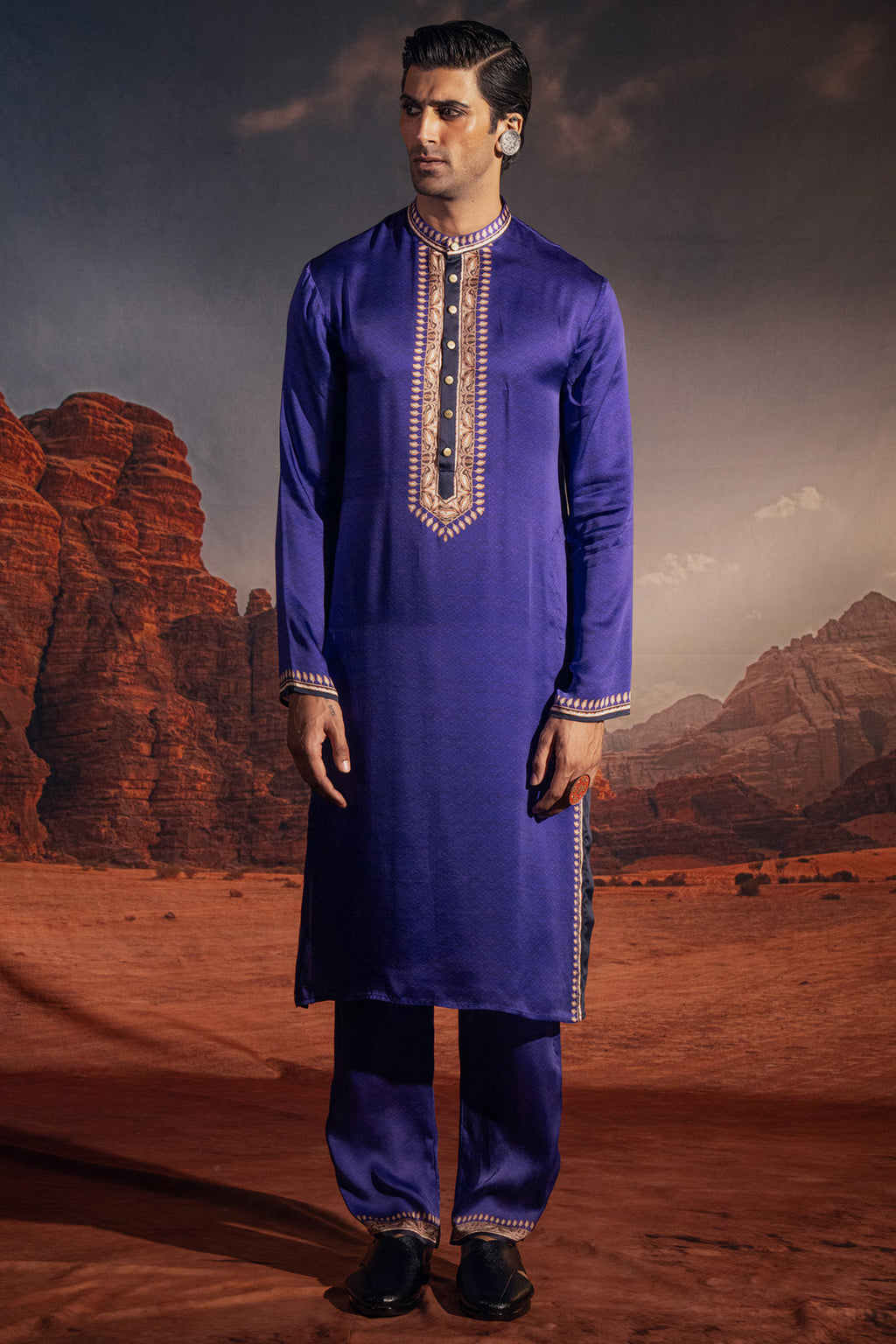 BLUE DUPION SILK PRINTED KURTA SET