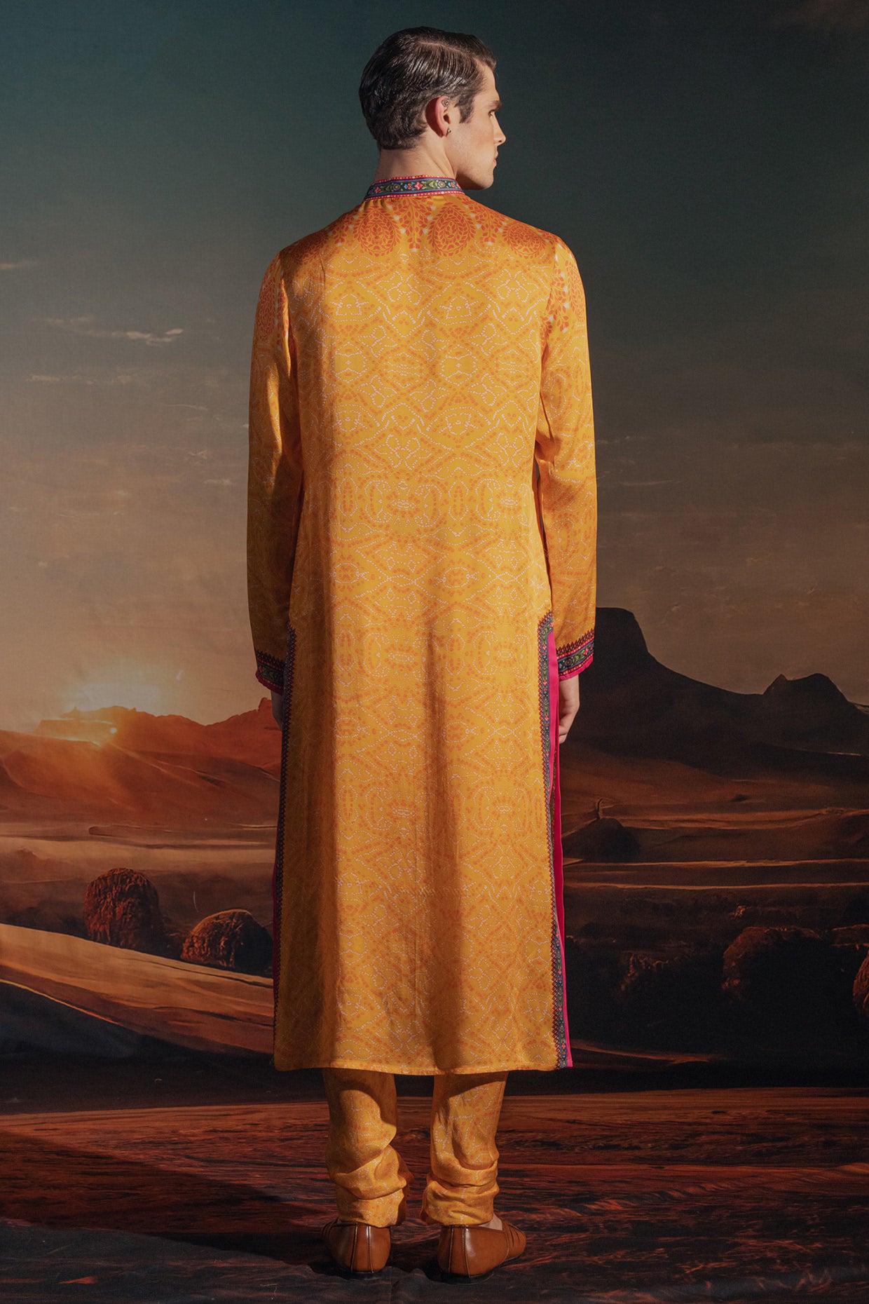 MARIGOLD YELLOW BEMBERG SATIN PRINTED KURTA SET