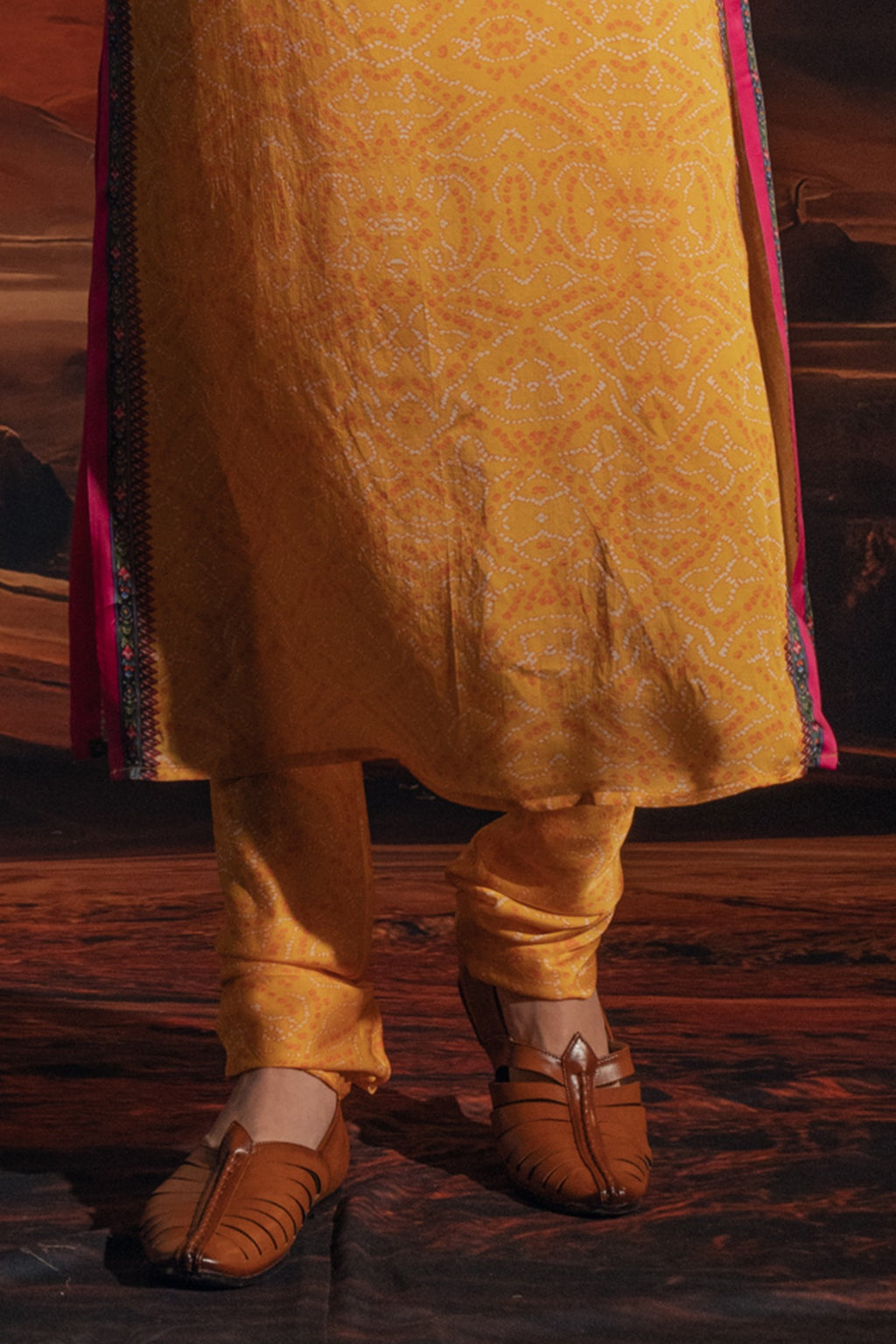 MARIGOLD YELLOW BEMBERG SATIN PRINTED KURTA SET