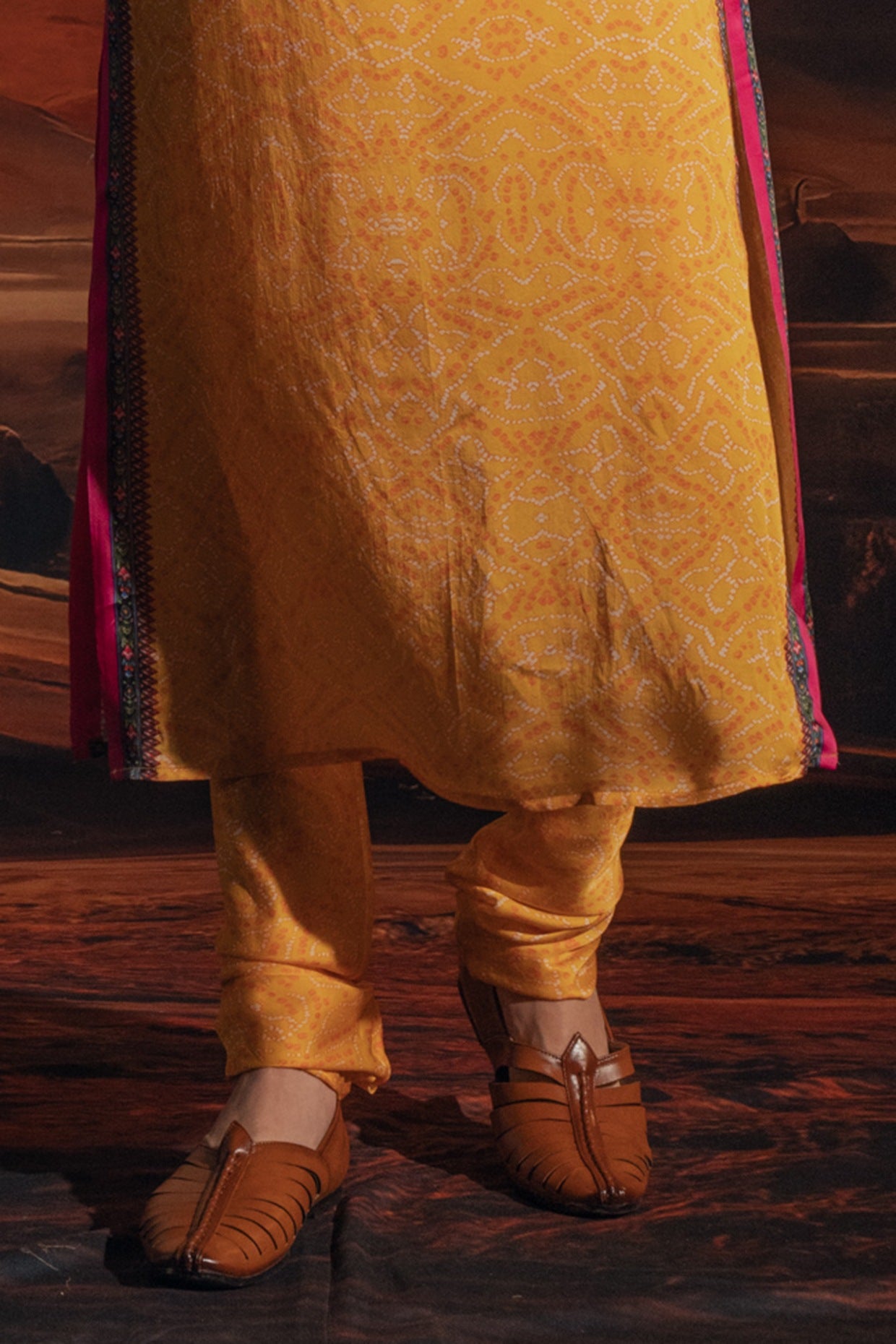 MARIGOLD YELLOW BEMBERG SATIN PRINTED KURTA SET