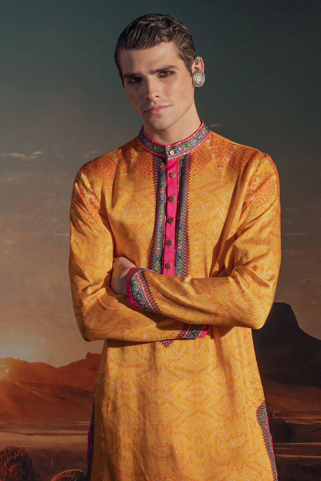 MARIGOLD YELLOW BEMBERG SATIN PRINTED KURTA SET