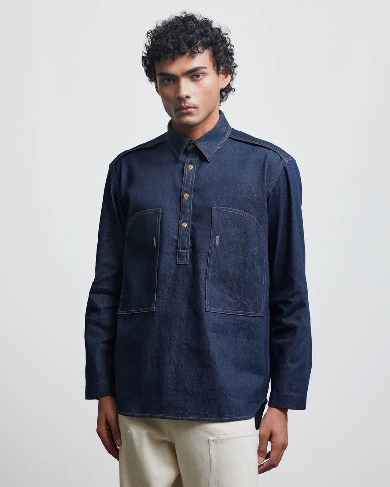 FAUX BUTTONHOLE DENIM HALF-PLACKET SHIRT