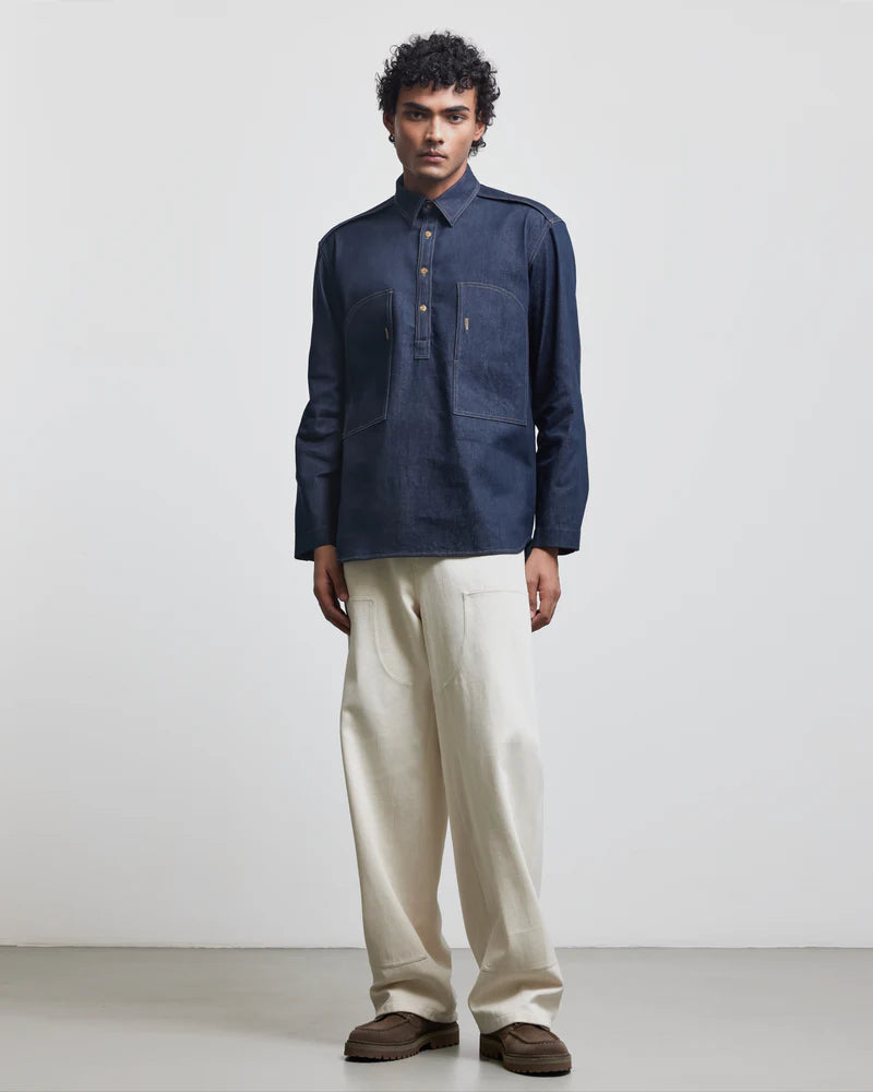 FAUX BUTTONHOLE DENIM HALF-PLACKET SHIRT