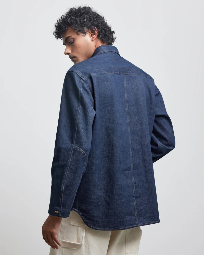 FAUX BUTTONHOLE DENIM HALF-PLACKET SHIRT