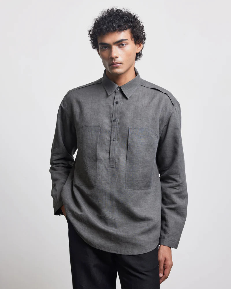 STONE FADED HALF-PLACKET SHIRT